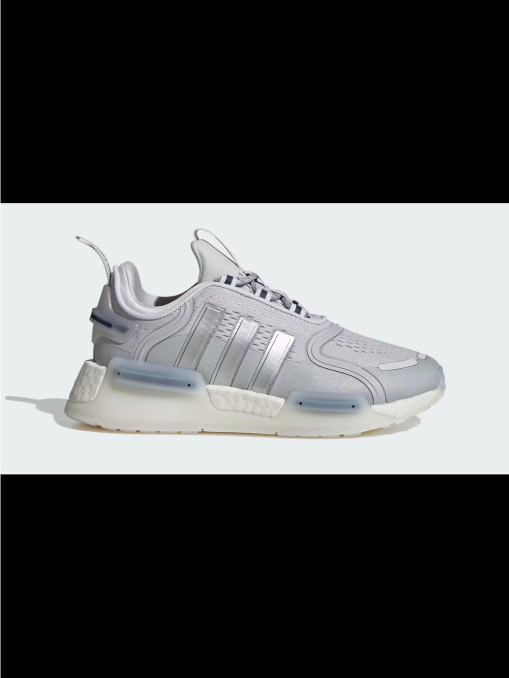 Adidas NMD_V3 BOOST sneakers in a light solid grey and white colorway.